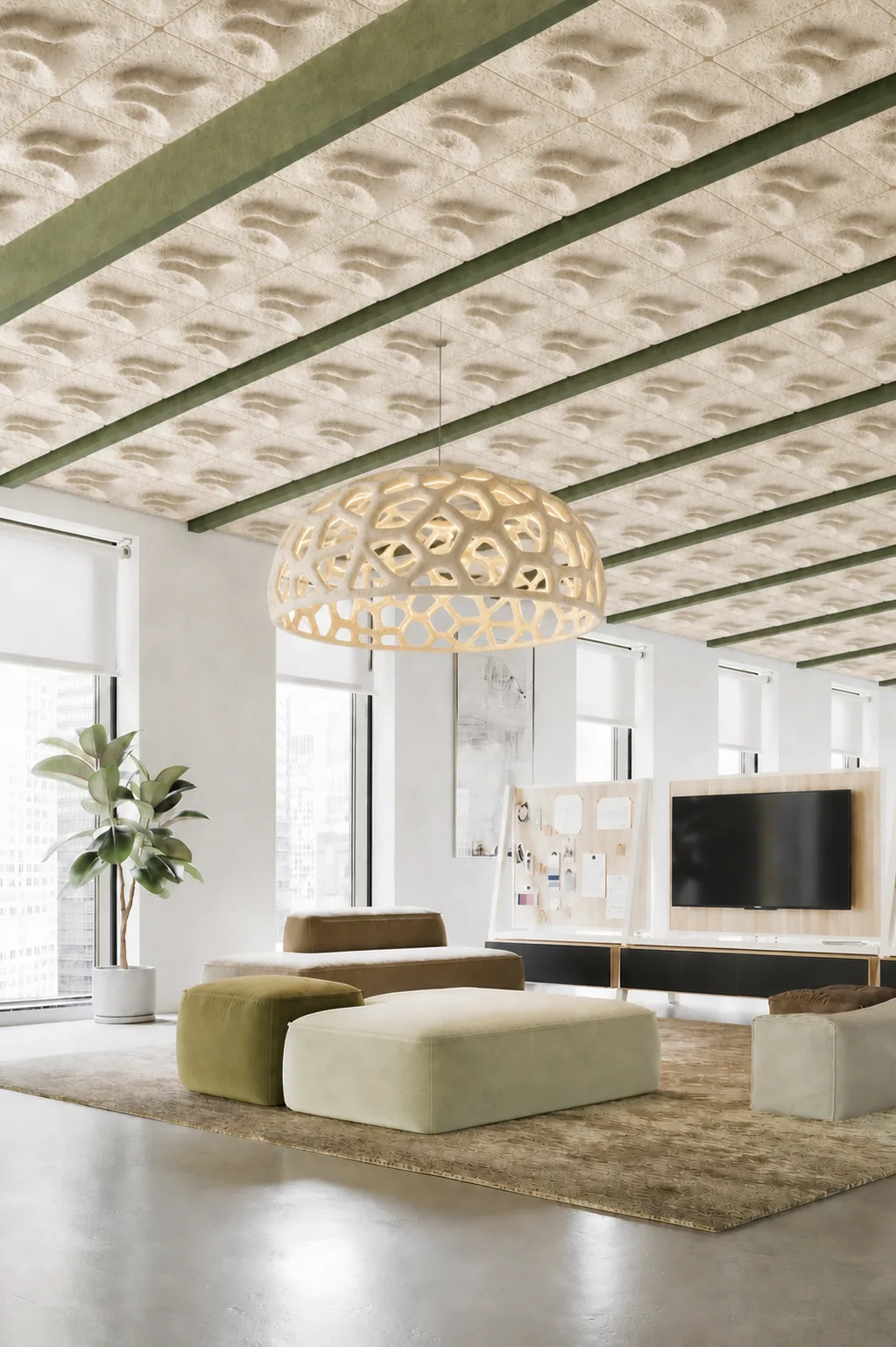 FOLD acoustic ceiling with Mushroomiya pendants in an office concept