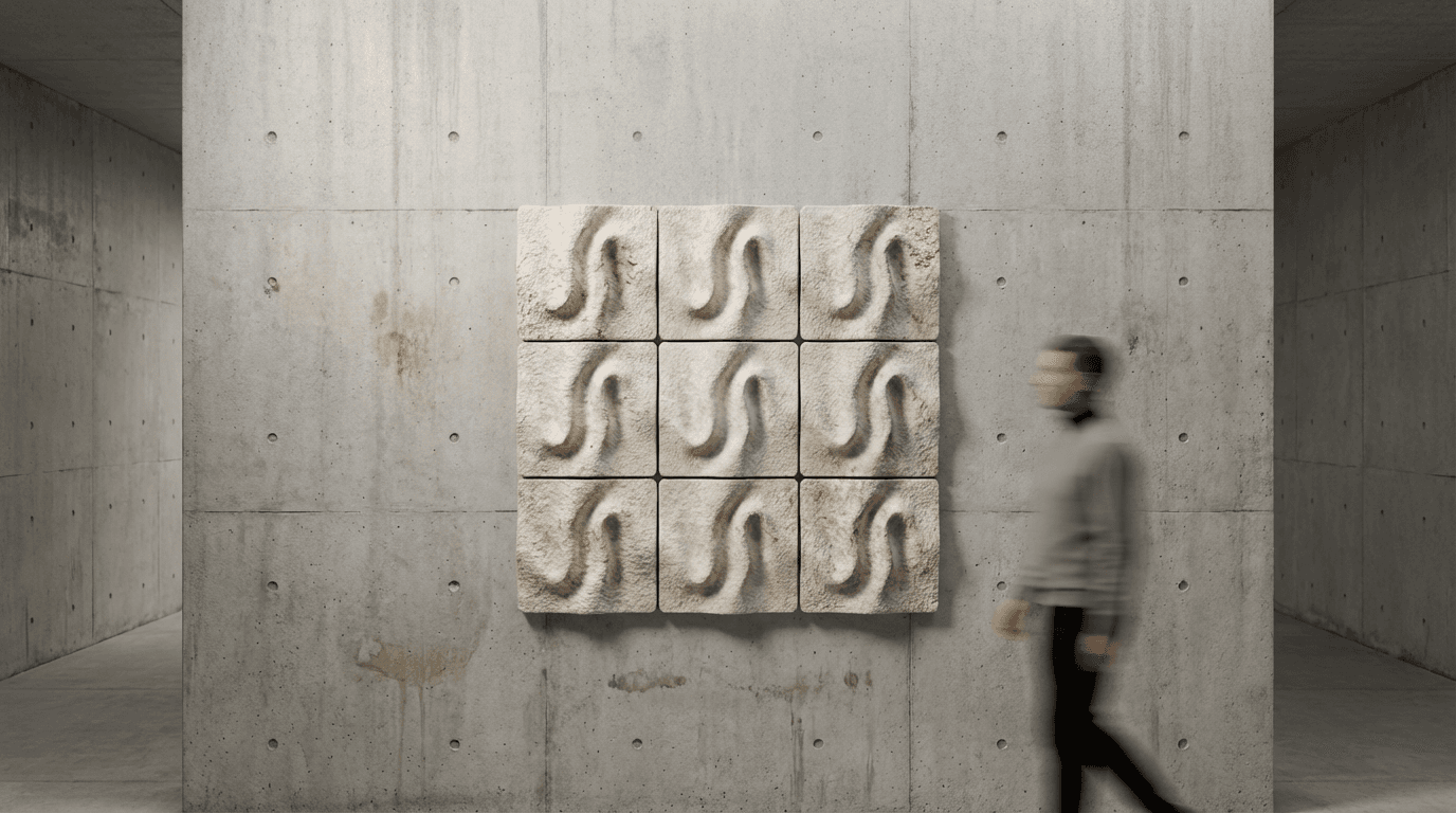Render — FOLD acoustic panel, urban concrete installation, 3x3 grid module
