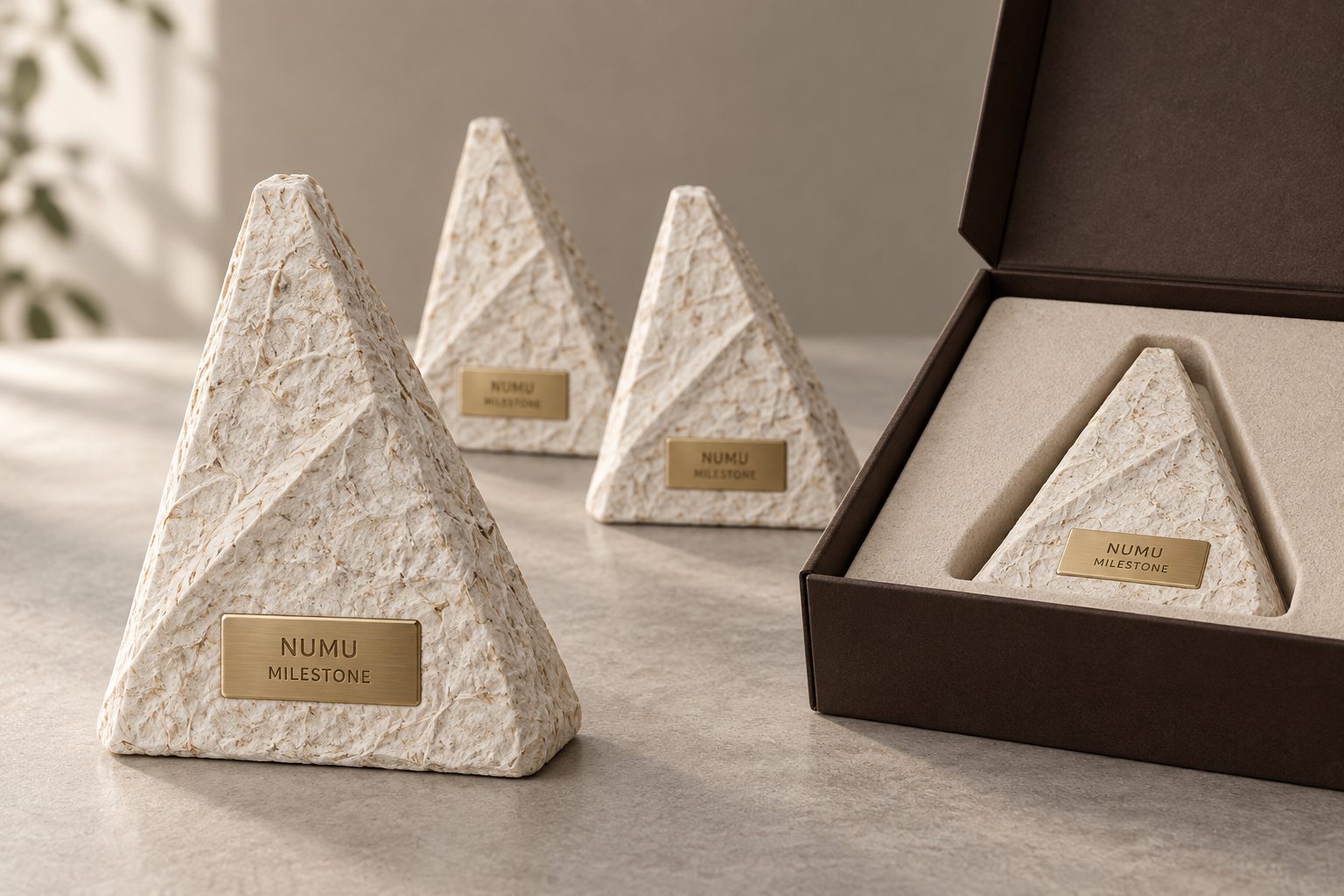 Triangular PALMYCO milestone gift concepts with engraved gold-coloured brass plates and fitted presentation box