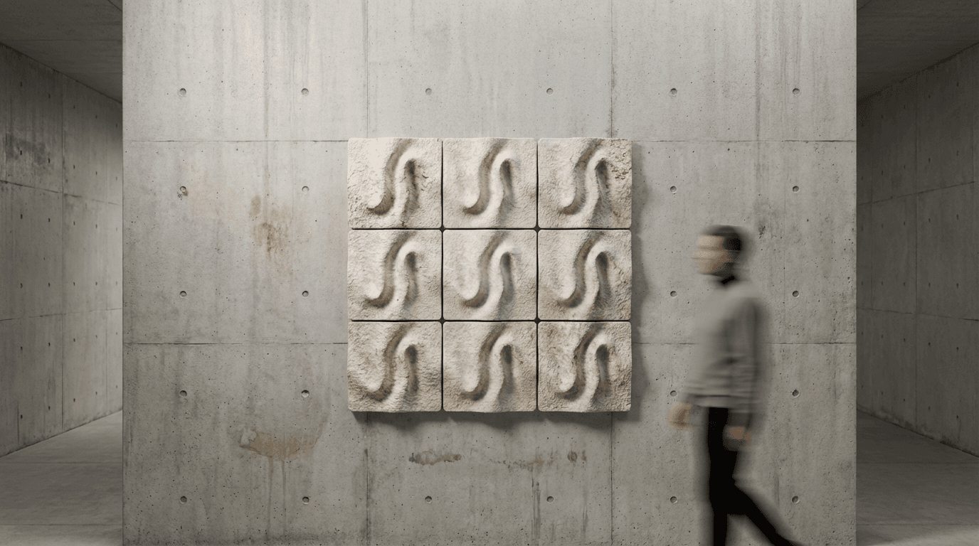 Render — FOLD acoustic panel, urban concrete installation, 3x3 grid module