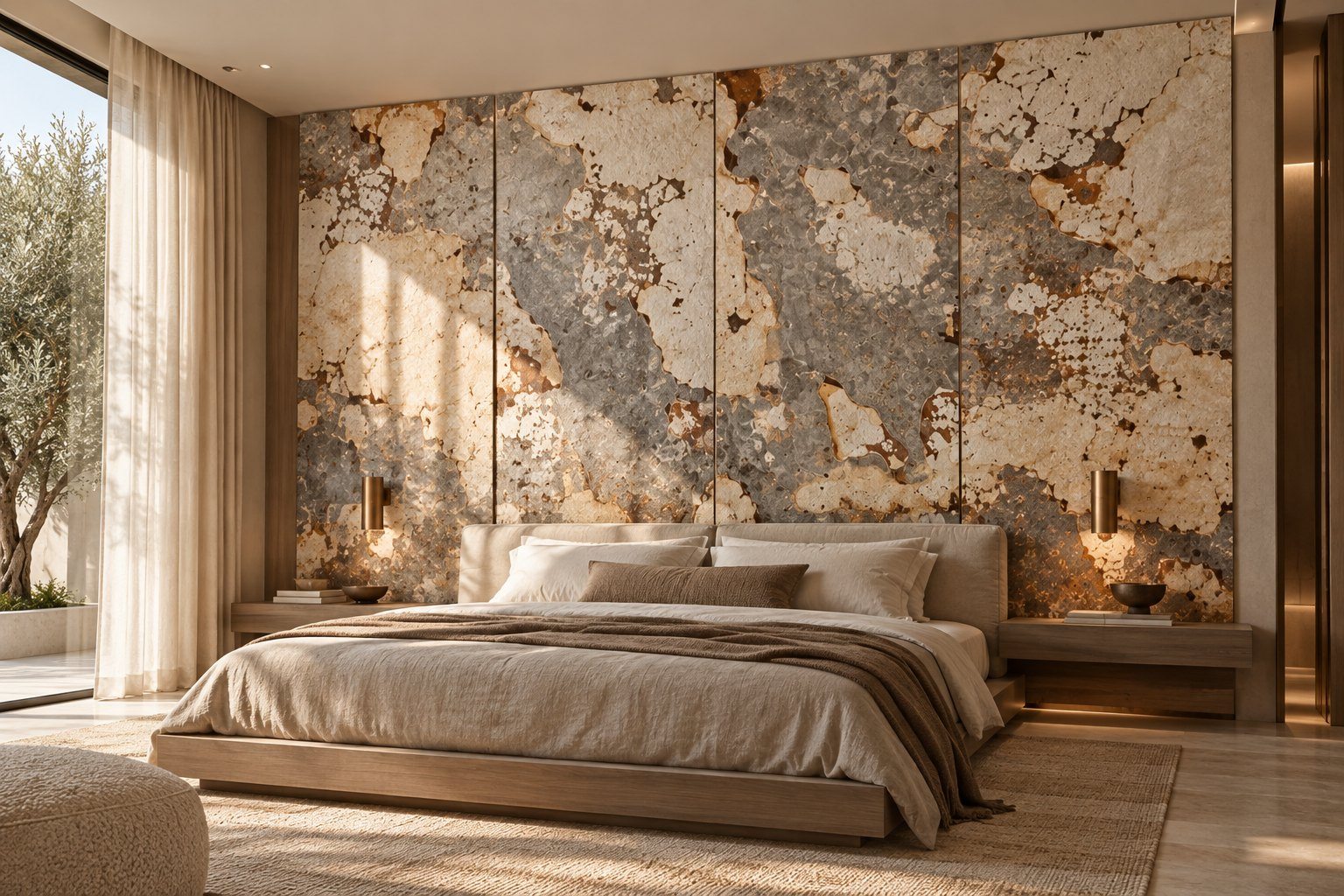Bedroom wall clad in grown veneer plates, visualisation